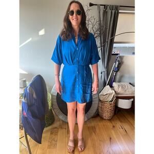 THAKOON Women's Blue Button Front Collared Tie Waist Mini Shirt Dress Size 14